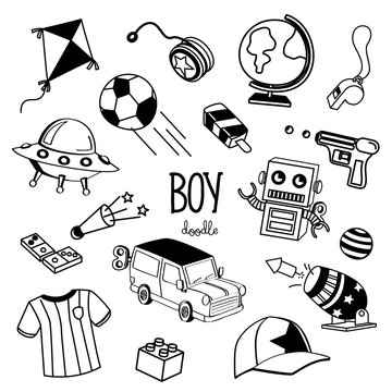 Hand drawinf styles with boy items. Boy item doodle