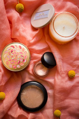 the lovely girls things which are spread out on scarlet fabric