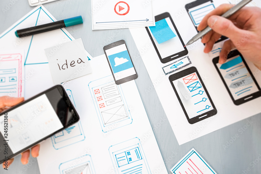 Wall mural design development of graphic web applications for mobile phones. user experience concept.