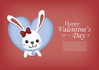 Cute rabbit in heart frame. Valentine's day greeting card. Vector illustration