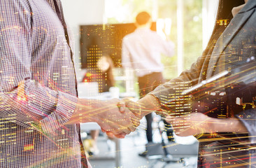 Two business people shaking hands conference training in meeting room ,finishing up a meeting.Business partners handshake while success job and project,greeting business deal,learning coaching concept