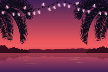 Naklejka na ściany i meble fairy lights on purple paradise palm beach vector illustration EPS10