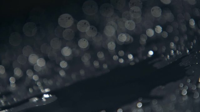 Streams of rainy water flowing among splashing dark spots in slow motion 