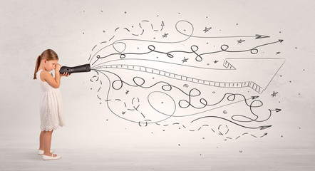 Cute girl looking in spyglass with doodle arrow concept
