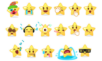 Collection of difference emoticon icon of cute star cartoon on white background vector illustration part 4
