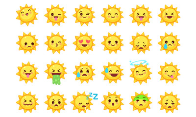 Collection of difference emoticon icon of cute sun cartoon on white background vector illustration part 1