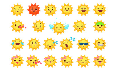 Collection of difference emoticon icon of cute sun cartoon on white background vector illustration part 2