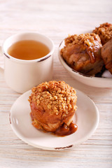 Apple and caramel muffins served