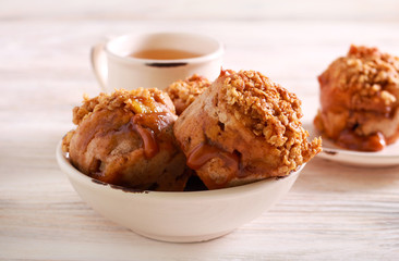 Apple and caramel muffins served