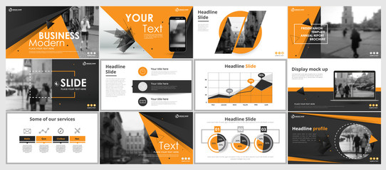 Abstract yellow, green presentation slides. Modern brochure cover design. Fancy info banner frame. Creative infographic elements set. Urban city font. Vector title sheet model. Ad flyer style template