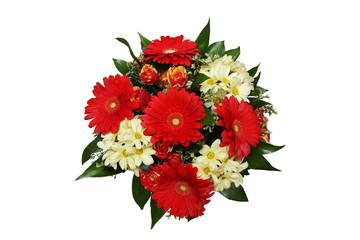 bouquet of gerberas and chrysanthemums cut out, top view