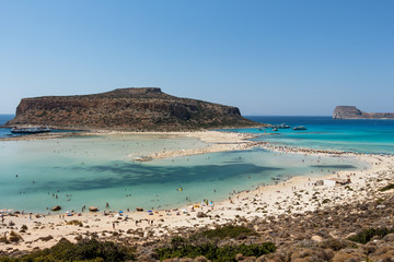 View over beautiful Balos beach and lagoon. Pink sand and turquoise water. Mediterranean Sea. Chania, Crete island, Greece