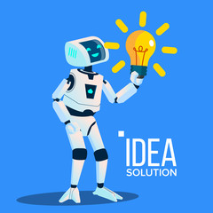 Smart Robot With Yellow Bulb Find An Idea, Solution Vector. Isolated Illustration