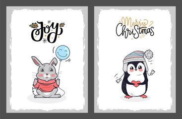 Christmas Happy Holidays Postcard Penguin and Hare