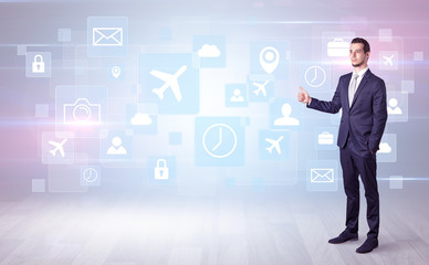 Businessman departs to a business trip with social media and travel symbol concept
