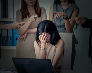 Business people seriously showing thumbs down sign for businesswoman ,discussing and argue complain...