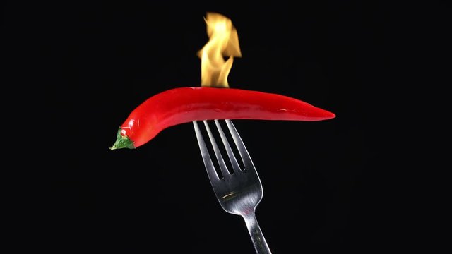 Red hot chili pepper on a fork burns with fire on a black background