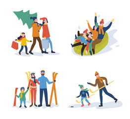 Winter Activity Parents and Kids Vector Isolated