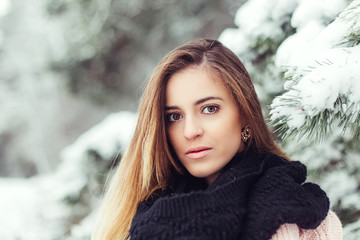 Winter glamour fashionable beauty portrait of young model outdoors in winter landscape. Beauty, nature, season concept
