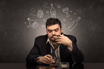 Drunk down and out man with doodle alcohol bottles concept
