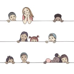 Hand drawn illustration of diverse children peeking behind a horizontal line