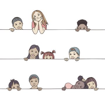 Hand drawn illustration of diverse children peeking behind a horizontal line
