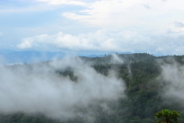 Beautiful natural scenery of mist over green mountain.
