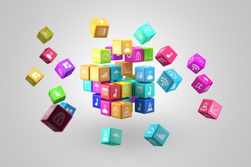 Naklejka premium Media technology and internet networking web communication concept- Colorful icon cubes