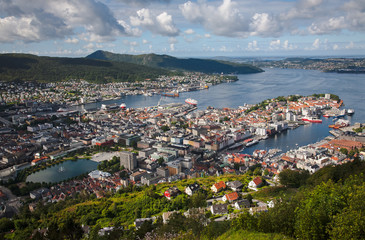 Aerial view of the city of Bergen from the viewpoint of the Fløyen funicular. Norway