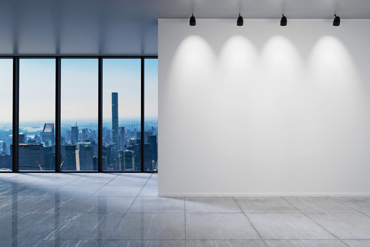 large office with blank white wall in front of panoramic window skyline view, 3D Illustration