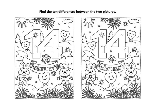 Valentine's Day find the ten differences picture puzzle and coloring page with 14 February text, cute bunnies, balloons
