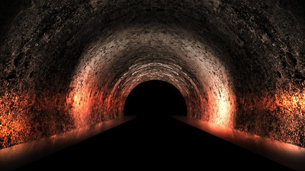 Round underground tunnel, cave, mine. Illumination by neon light. Neon light, Smoke, smog, night view. 3D rendering. - obrazy, fototapety, plakaty