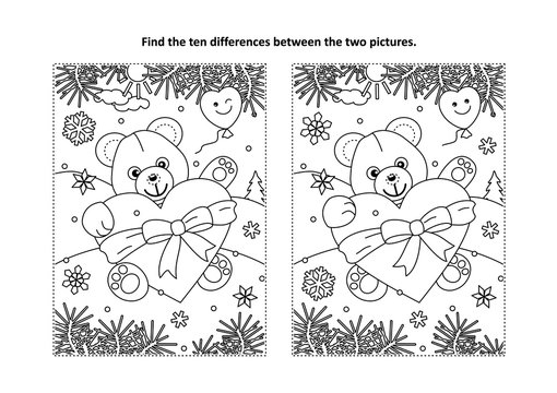 Valentine's Day find the ten differences picture puzzle and coloring page with teddy bear and big heart
