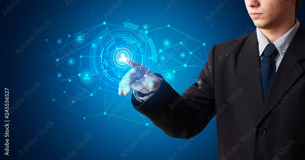 Poster Man touching hologram screen displaying keys and locks