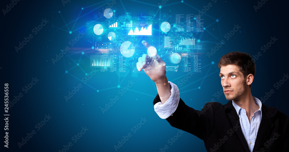 Aufkleber Man accessing modern hologram personal database with fingerprint identification