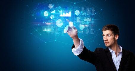 Man accessing modern hologram personal database with fingerprint identification