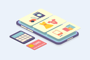 Line shopping smartphe. Modern design vector illustration. Buy online. 3d flat design. Mobile shopping, mobile commerce concept. 