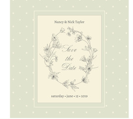 Vector vintage wedding invitation. Hand drawn gray flower wreath on polka dot olive background with rectangle frame. Botanical elegant decorative save the date, thank you, RSVP card design template.