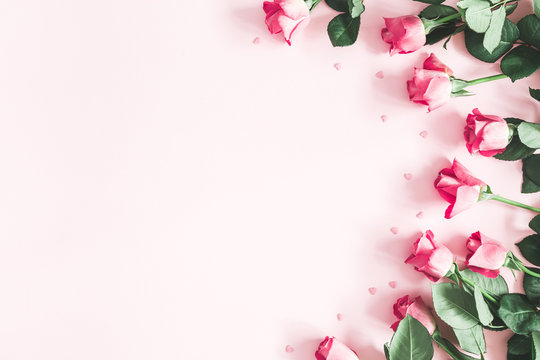 Fototapeta Flowers composition. Pink rose flowers on pastel pink background. Valentines day, mothers day, womens day concept. Flat lay, top view, copy space