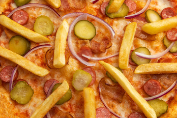 detail of pizza with potatoes close-up. macro pizza. good background for pizzeria. restaurant menu