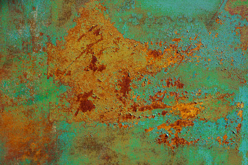 Texture of old rusty metal, painted green which becames orange from rust. Horizontal texture of cracks and peels paint on rusty steel