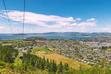 Rotorua town and lake view and cable car to the top of the hill