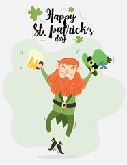 Fototapeta premium happy leprechaun with beer and hat with calligraphy Happy st Patrick day