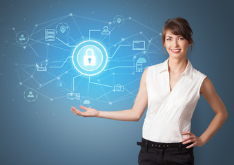 Young smiling person presenting office cloud technology concept
