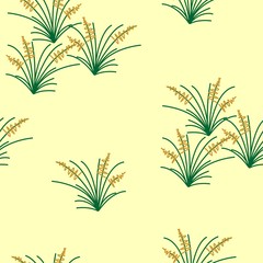 Savanna, pasture inspired seamless vector pattern. Simple grass tufts in green and mustard yellow, sand color background.