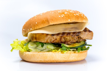 tasty burger with cheese and vegetables
