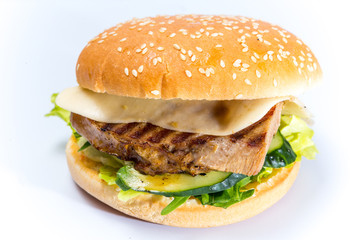 tasty burger with cheese and vegetables