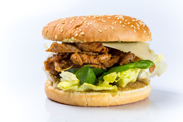 tasty burger with cheese and vegetables
