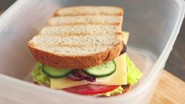 man open plastic food container lunch box with tasty sandwich 