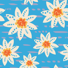 Colorful hand drawn flowers on a brightly colored background, seamless repeat pattern. Fun, beachy and tropical, perfect for summer party and home decor, fashion, textiles and paper items. Vector.